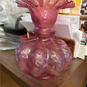 Fenton Vase Ruffled Top Melon Cranberry Soft Pink Art Glass 1960’s Vintage